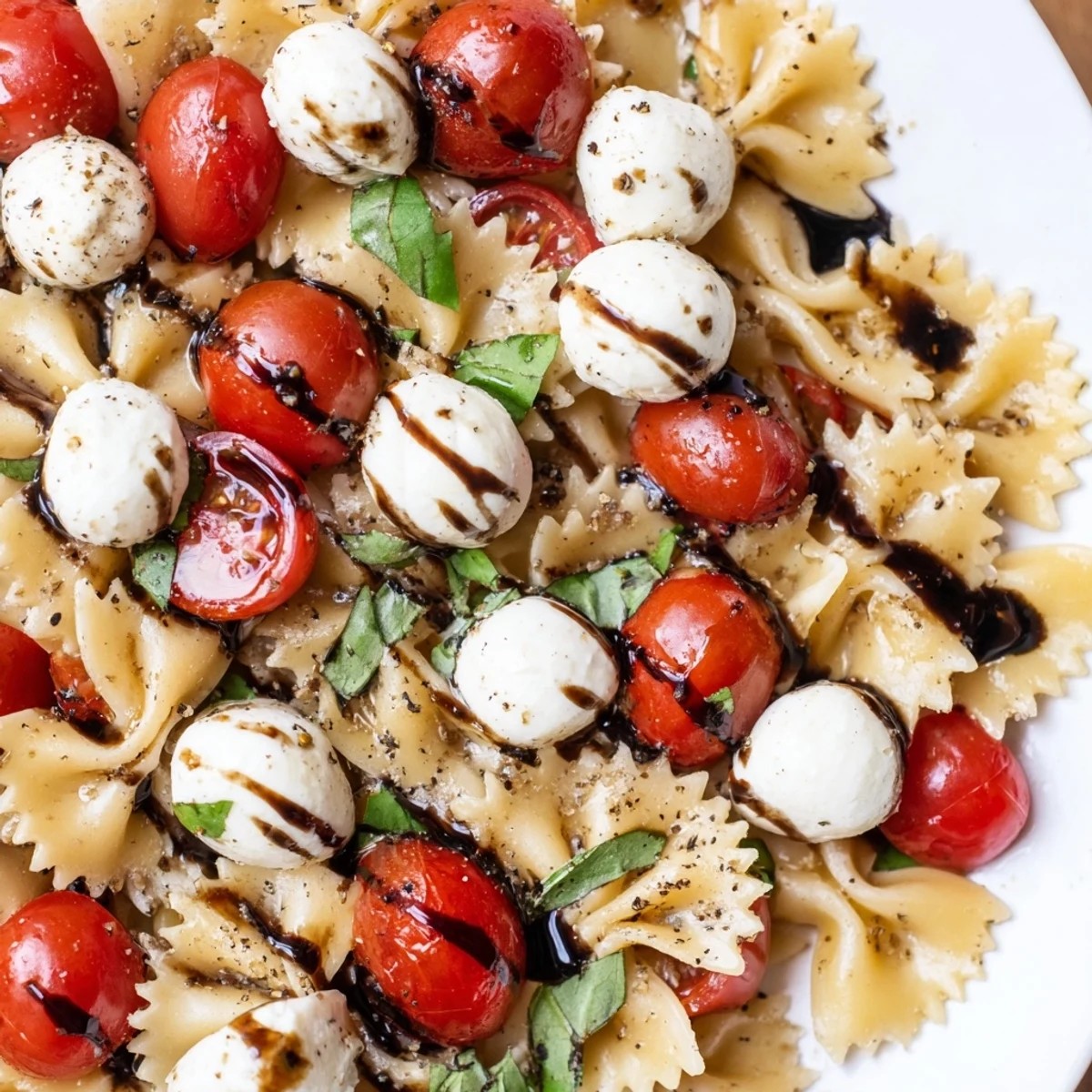 Colorful Caprese Pasta Salad loaded with juicy tomatoes, fresh mozzarella, and fragrant basil leaves.