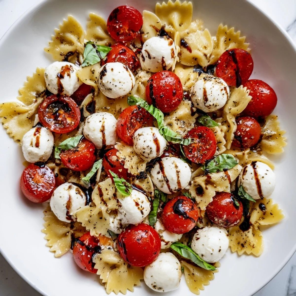 Vibrant Caprese Pasta Salad drizzled with balsamic glaze served in a rustic mixing bowl.
