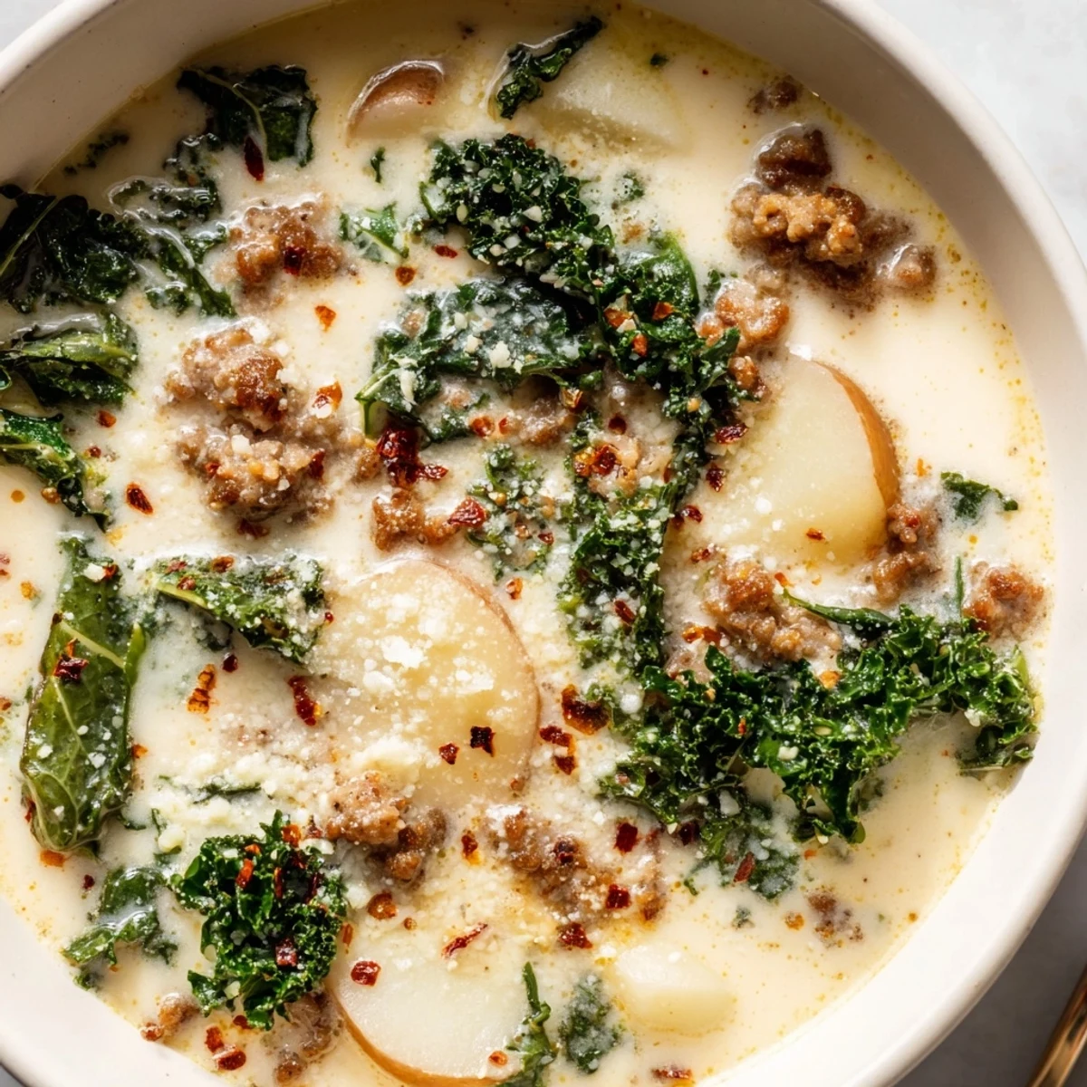 Creamy Zuppa Toscana soup with sausage, potatoes, and kale in rustic bowls