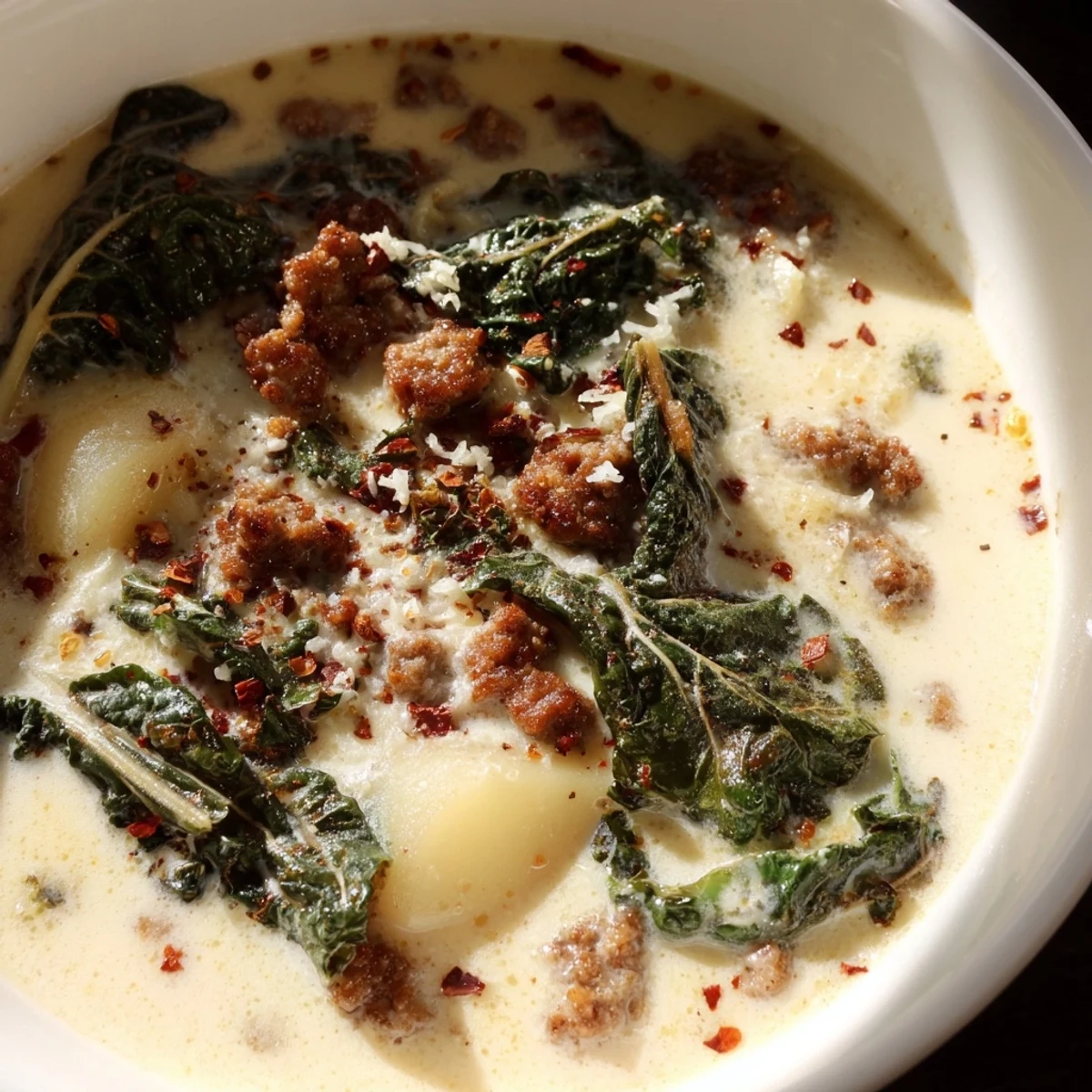 Steaming bowl of Zuppa Toscana soup topped with grated Parmesan and parsley