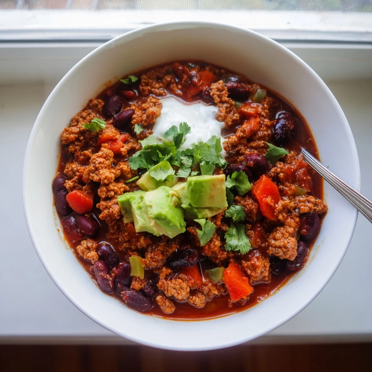 Steaming bowl of diabetic chili topped with fresh avocado and cilantro
