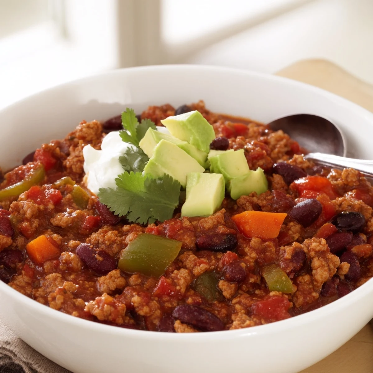 Hearty diabetic chili served in a rustic bowl with Greek yogurt dollop