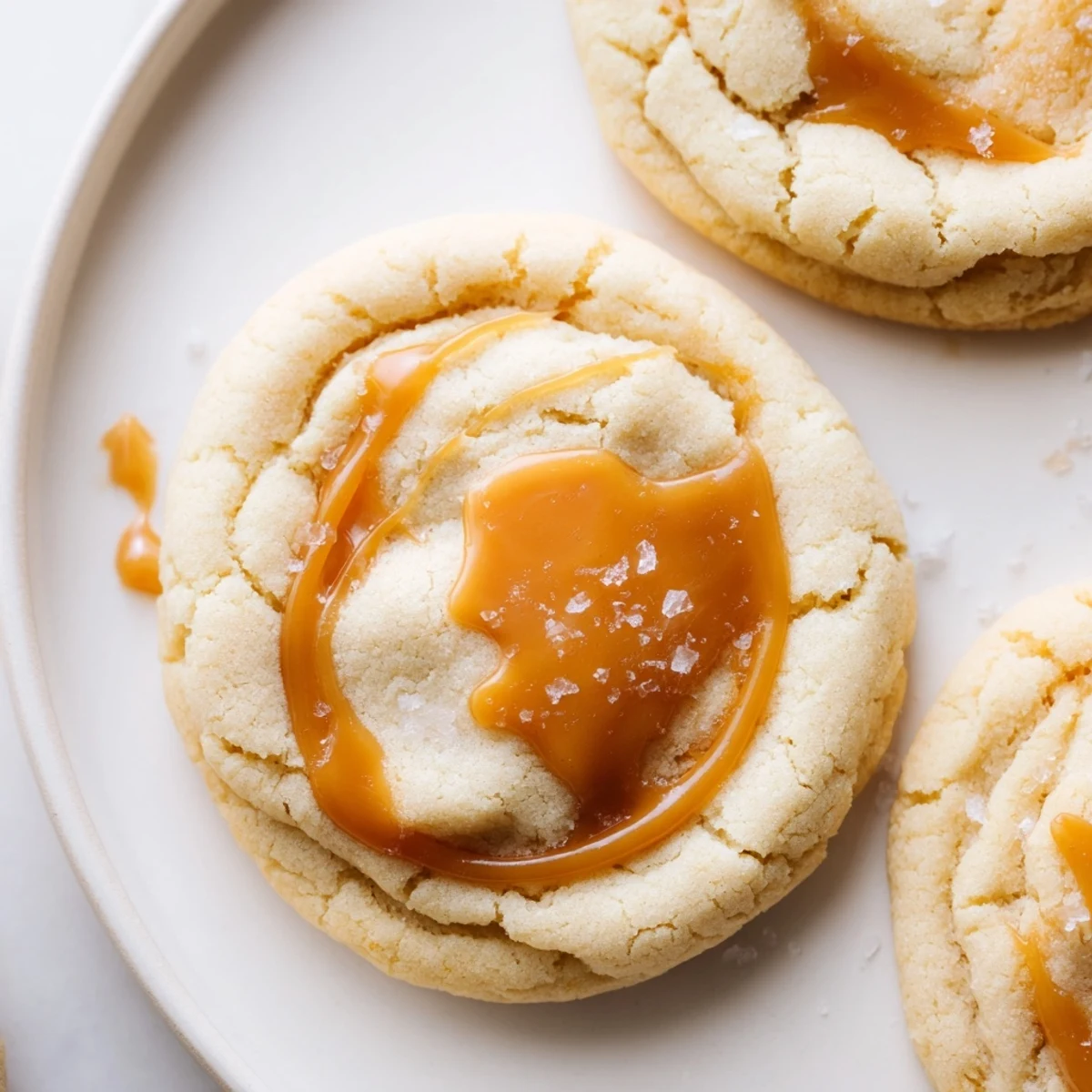 Soft caramel cheesecake cookies with golden edges on a rustic baking sheet
