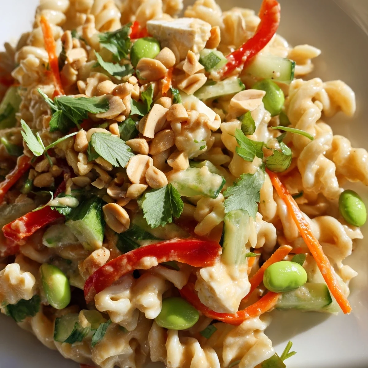 Colorful protein packed Thai pasta salad tossed in creamy peanut dressing with fresh vegetables