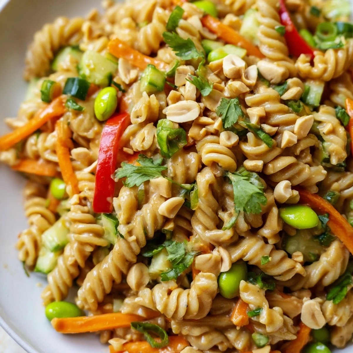 Vibrant protein packed Thai pasta salad garnished with roasted peanuts and bright lime wedges