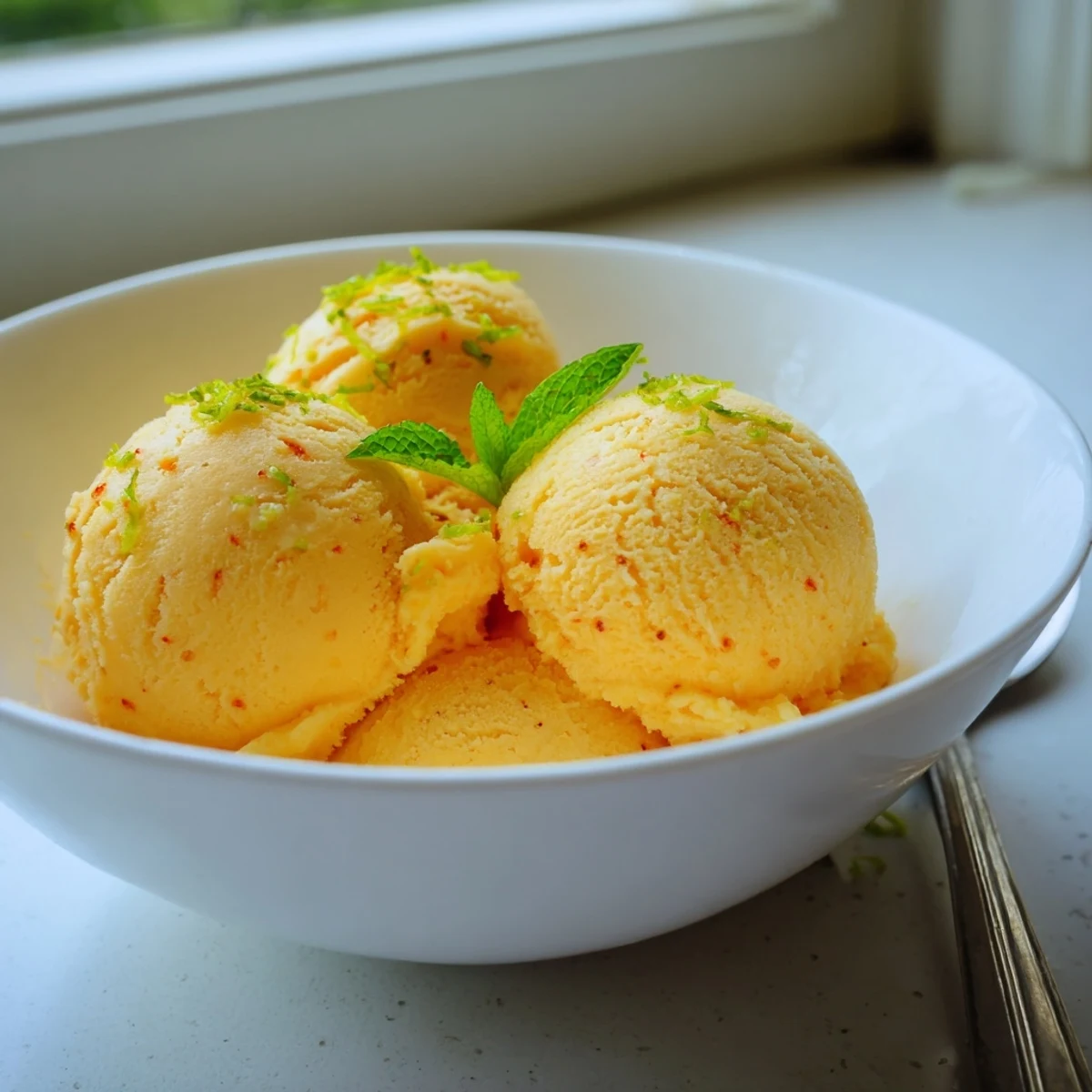 Creamy chili lime mango sorbet scooped into golden bowls with fresh mint