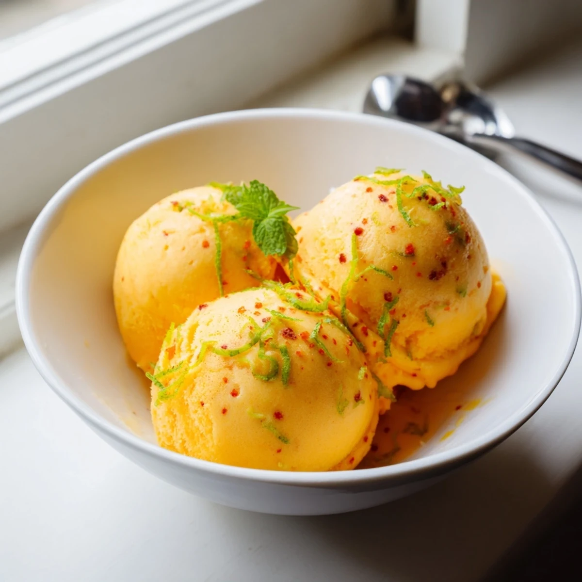 Smooth vibrant orange scoop of creamy chili lime mango sorbet melting slightly