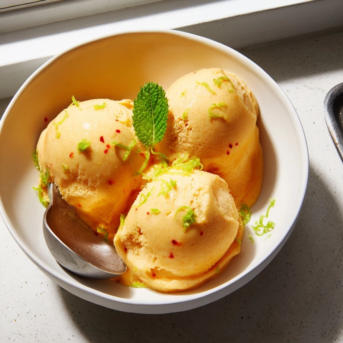 Tangy creamy chili lime mango sorbet garnished with lime zest and chili