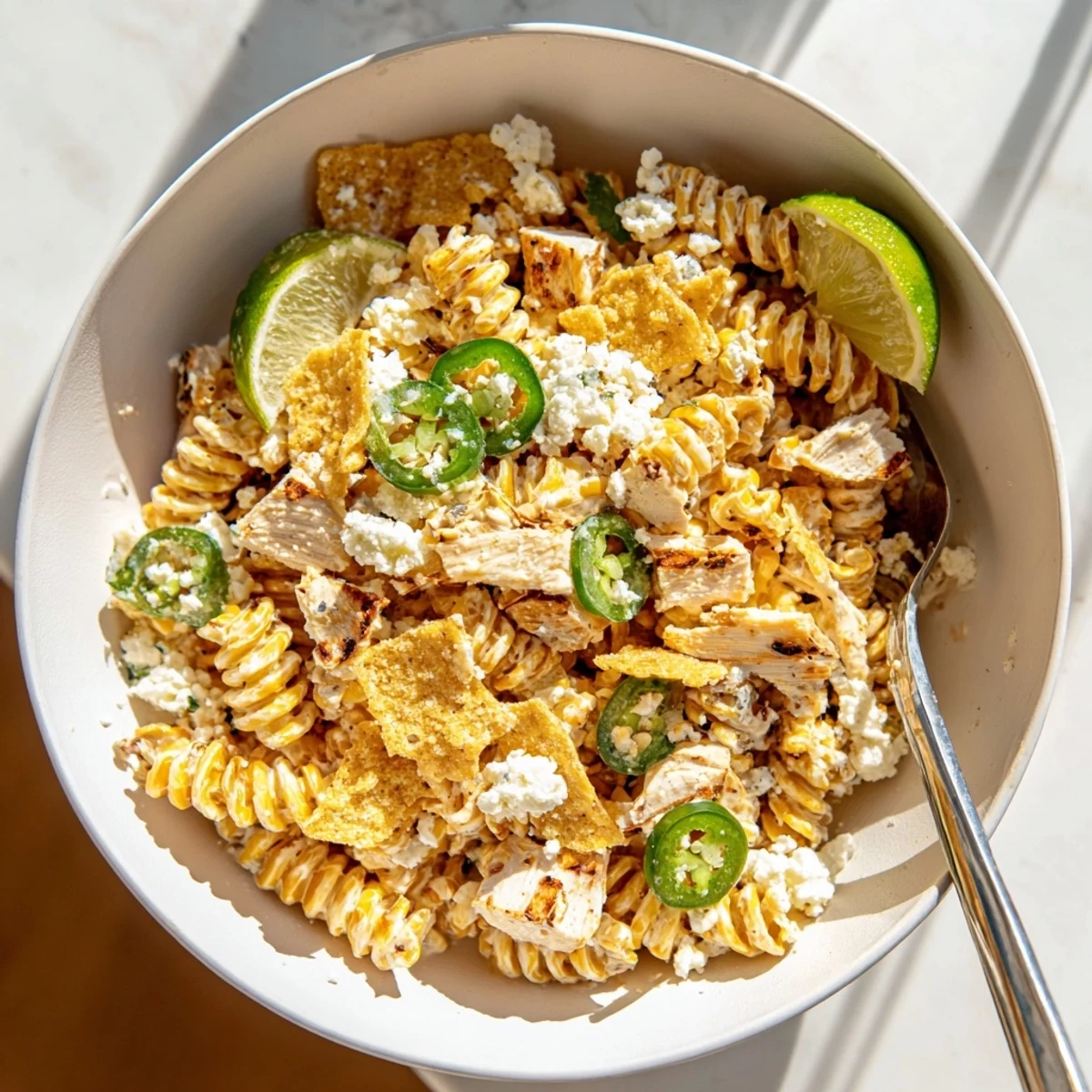 Creamy Mexican street corn chicken pasta salad topped with crushed tortilla chips and jalapeño slices