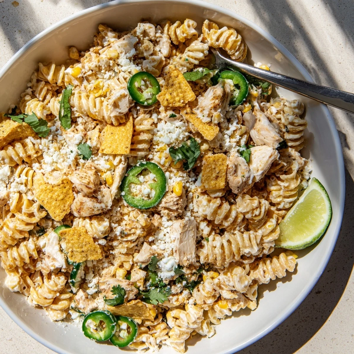 Golden charred corn and tender chicken tossed in zesty elote style pasta salad with cotija cheese