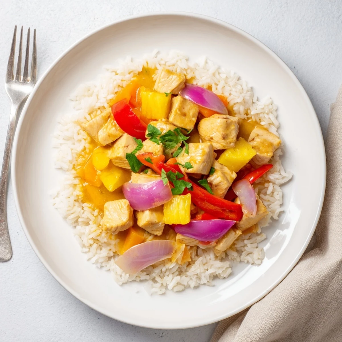 Tropical Dinner Delight served over jasmine rice with vibrant bell peppers and fresh cilantro garnish
