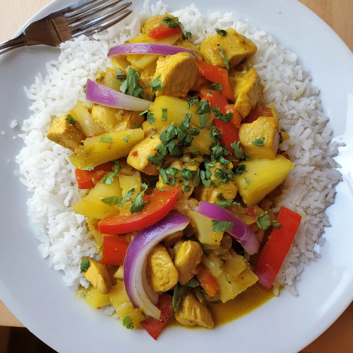 Golden chicken in creamy coconut lime sauce alongside colorful peppers and diced pineapple chunks