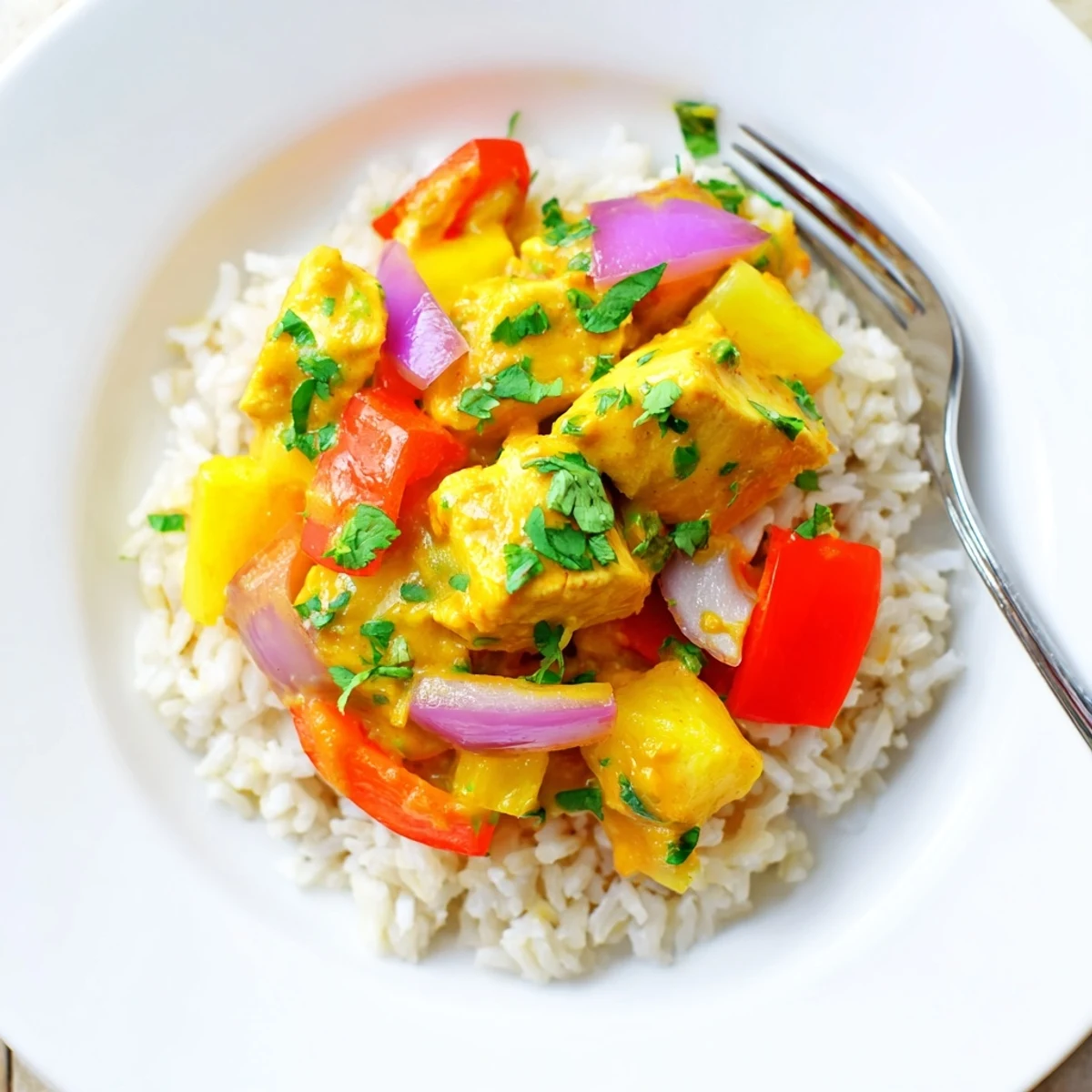 Steaming plate of Tropical Dinner Delight featuring juicy chicken fresh pineapple and turmeric coconut gravy