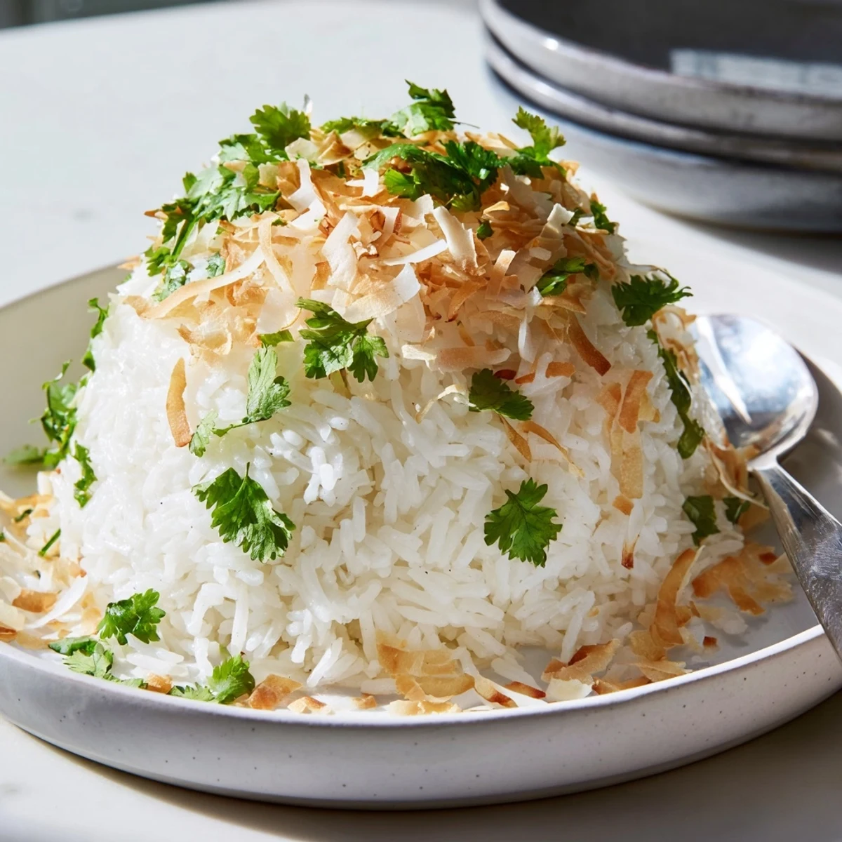 Creamy coconut rice steaming in a bowl, garnished with fresh cilantro and toasted coconut flakes