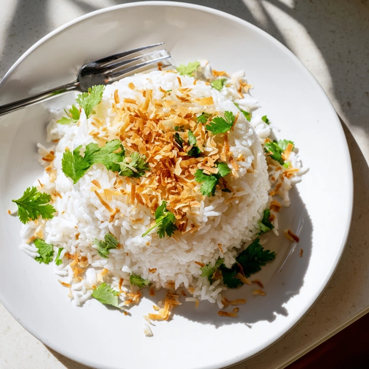Fluffy coconut rice served alongside Thai green curry in a white ceramic dish