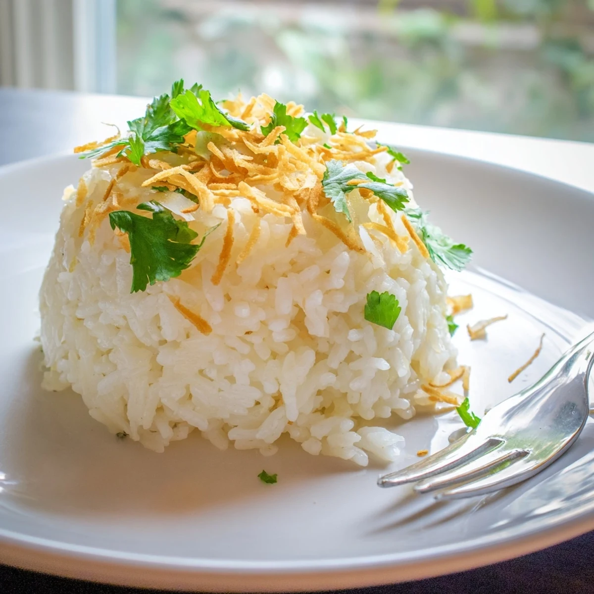 Steaming bowl of fragrant coconut rice topped with shredded coconut and bright green cilantro