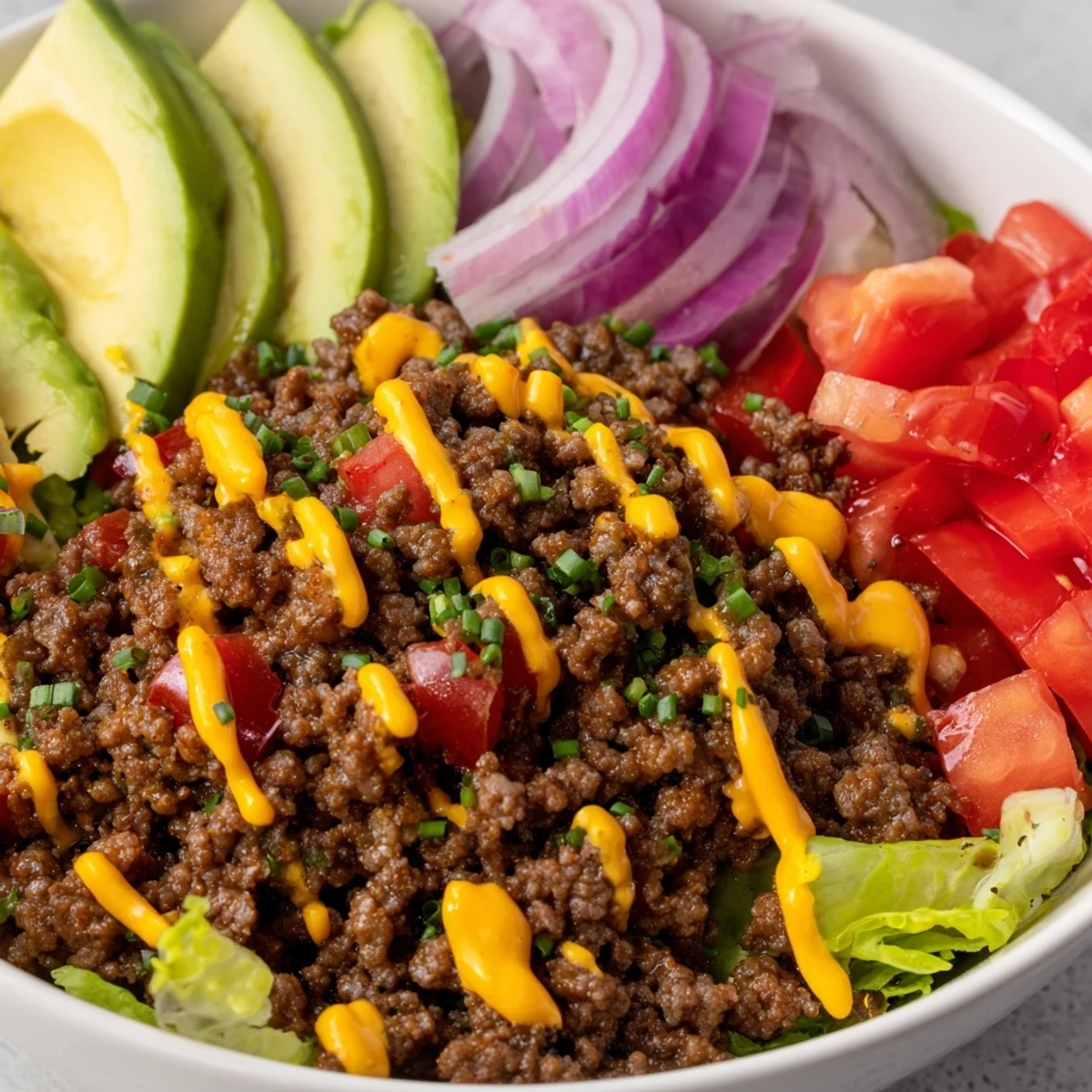 Hearty burger bowls loaded with seasoned ground beef and melted cheddar cheese