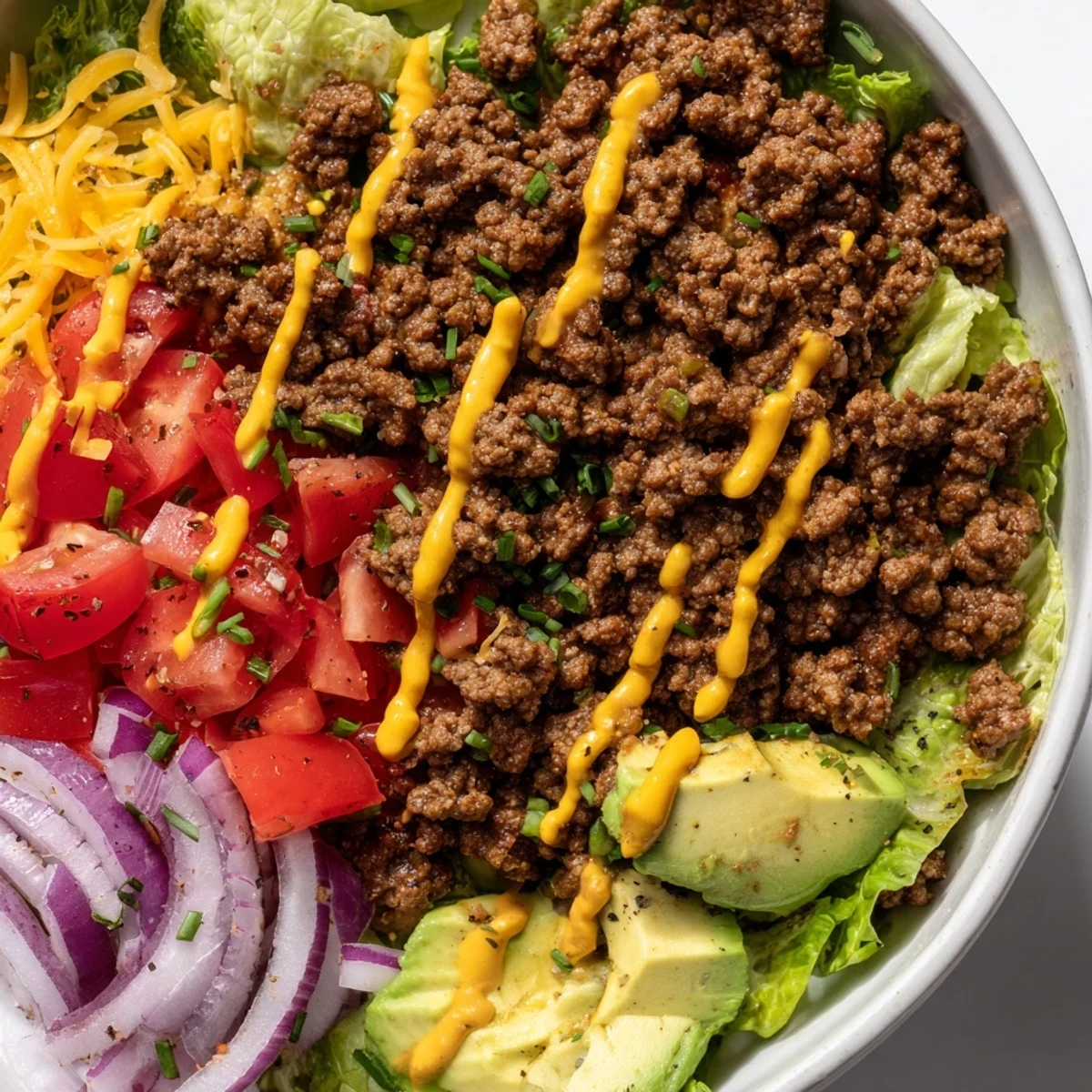 Colorful burger bowls featuring fresh lettuce, ripe avocado, and savory beef