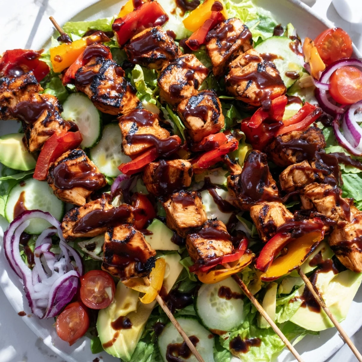 Smoky BBQ chicken skewer salad with charred edges and crisp garden vegetables