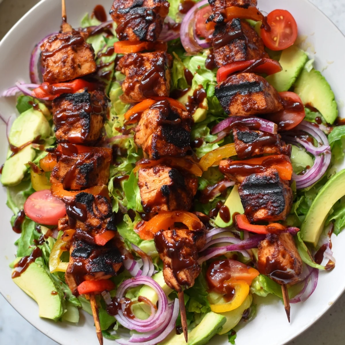 BBQ chicken skewer salad topped with creamy avocado and tangy honey mustard dressing
