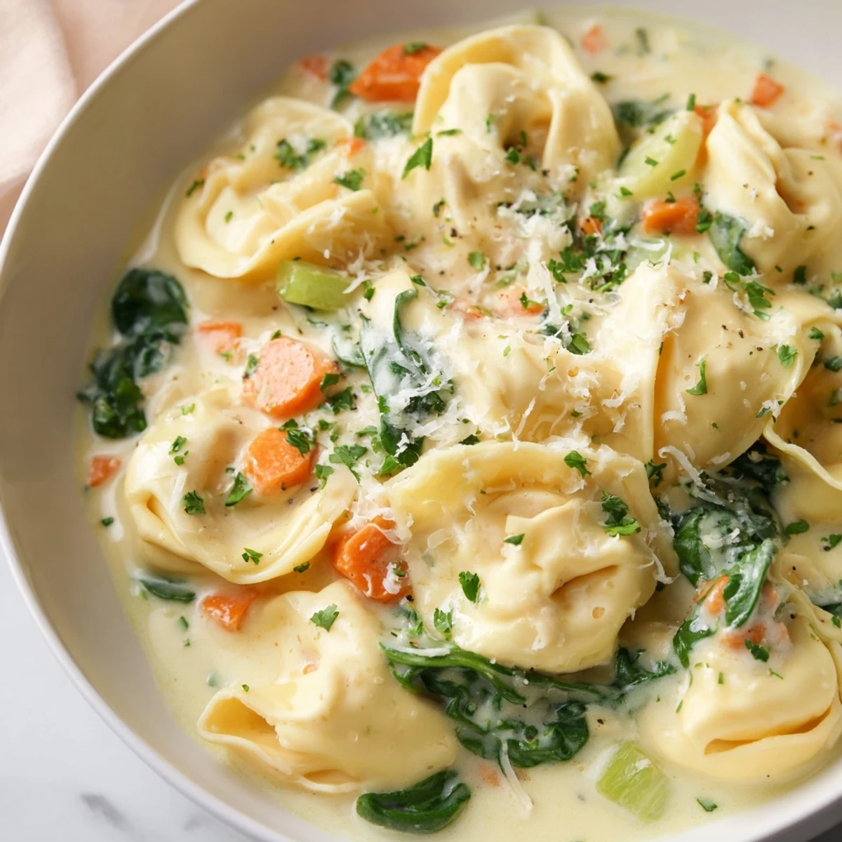 Creamy crockpot chicken tortellini in a golden sauce with fresh spinach and carrots