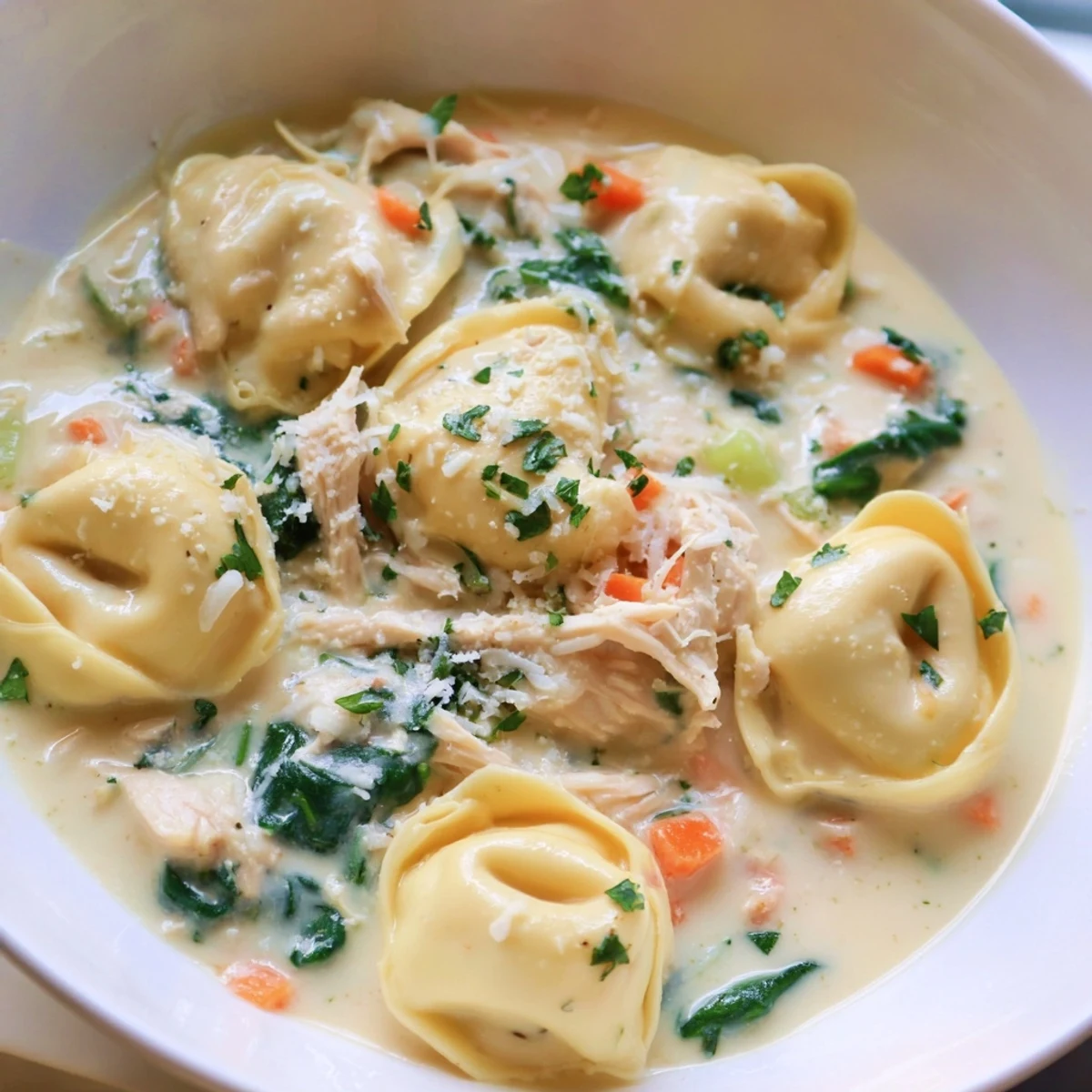 Crockpot chicken tortellini topped with Parmesan and parsley in a white bowl