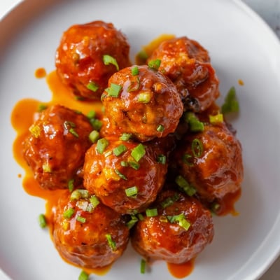 Freshly baked Touchdown Buffalo Chicken Meatballs piled high on a platter, blue cheese crumbles and carrot sticks nearby.
