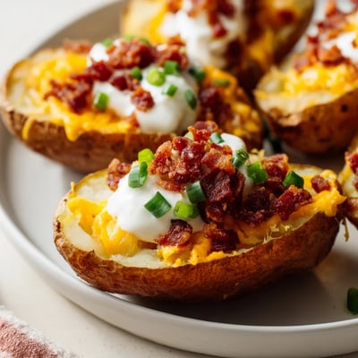Golden-brown Loaded Potato Skins with Cheddar and Beef Bacon are arranged on a platter, ready for a game day appetizer spread.
