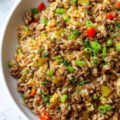 Close-up of Cajun Dirty Rice with Ground Beef and Peppers garnished with fresh parsley, served beside a chilled glass of iced tea.  