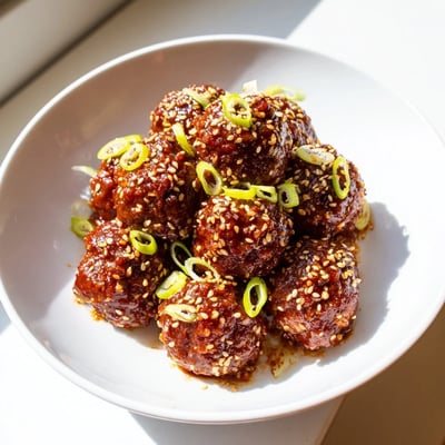 Savory Spicy Sriracha Beef Meatballs with Sesame Seeds rest on a plate, showcasing their juicy texture and vibrant glaze perfect for game day. 