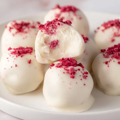 A hand-dipped White Chocolate Raspberry Truffle resting on a decorative plate, revealing a creamy white chocolate and raspberry filling with a glistening chocolate coat.