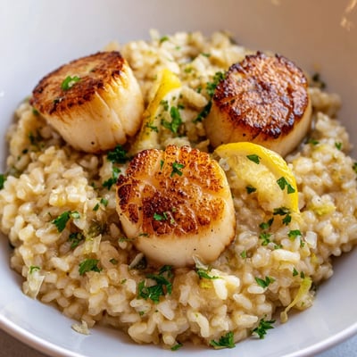 Pan Seared Scallops with Lemon Butter Risotto served on a plate with lemon wedges nearby.