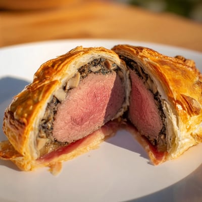 Mini Beef Wellingtons rest on a plate, showcasing tender beef fillet wrapped in prosciutto and mushroom duxelles, ready for a special dinner.