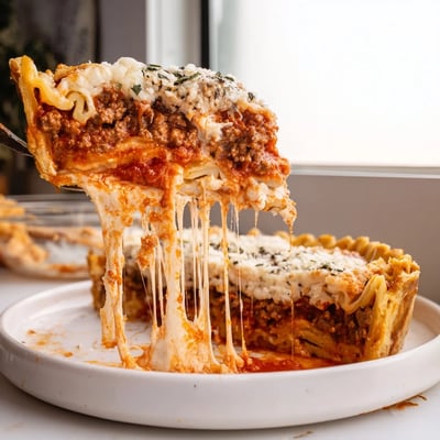 Cheesy lasagna pie bubbling in a flaky crust with stretchy mozzarella and rich meat sauce