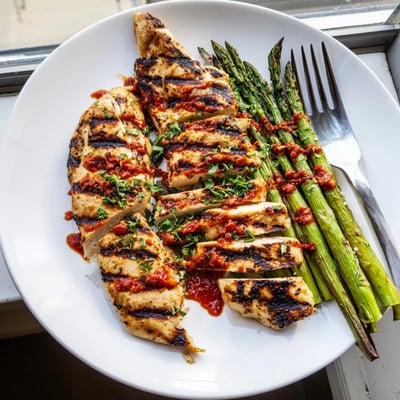 Tender grilled asparagus chicken topped with fiery Calabrian chili sauce and fresh lemon zest.