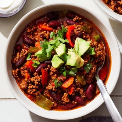 Thick diabetic chili loaded with beans peppers and lean ground turkey