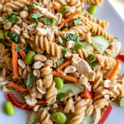 Bowls of protein packed Thai pasta salad featuring tender chicken edamame and crisp bell peppers